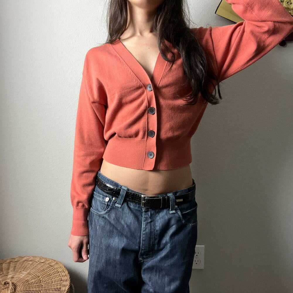 banana republic orange cotton fitted cropped button cardigan sweater